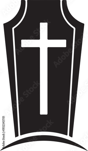 Coffin with cross symbol on lid in black and white