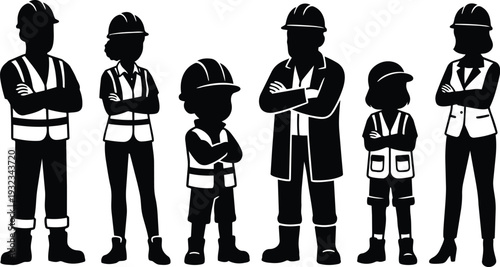 Minimalist vector silhouette frontal view construction workers and children wearing hard hats and safety vests with crossed arms studio style high contrast black and white mockup