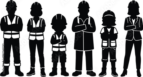 Minimalist silhouette vector art row of six construction workers and supervisors standing with folded arms wearing helmets safety vests boots and business attire close up outline