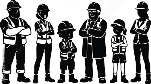 Minimalist vector art close up group of construction workers and children crossing arms wearing hard hats reflective vests side view high contrast silhouette black and white