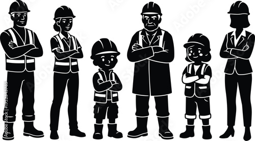 Minimalist silhouette front view construction team adults and children wearing hard hats and safety vests arms crossed standing in row high contrast vector art flat monochrome