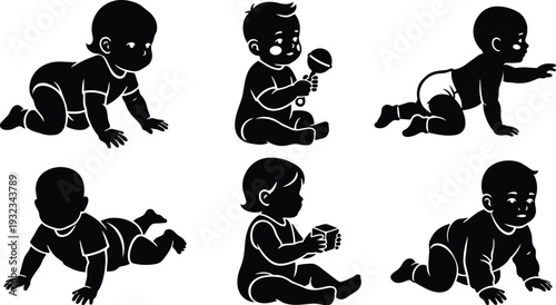 Minimalist vector art close up side view crawling baby and sitting baby holding rattle and cube multiple silhouettes on white background gentle backlit mood playful soft