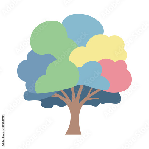 A cartoon-style illustration of a tree with a multicolored canopy