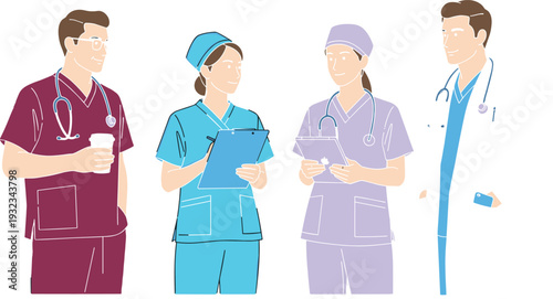 Diverse Medical Team of Doctors and Nurses in Colorful Scrubs Discussing Patient Care with Clipboard, Tablet, and Coffee Vector Illustration