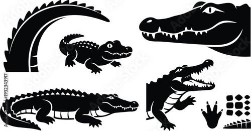 Minimalist black vector crocodile set showing multiple head angles full body tail curve footprints and isolated paw icon in flat graphic design bold silhouette eye detail