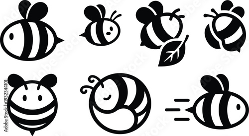 Minimalist flat design bee icon showing seven cute round bees close up face smiling mid flight with leaf accent black and white vector svg png mockup