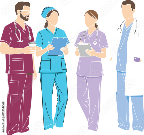 Diverse team of medical professionals in colorful scrubs and white coats standing together holding clipboards and coffee in flat illustration