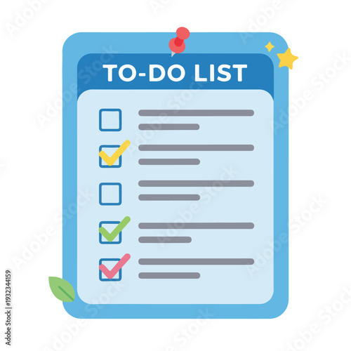 A cartoon-style to-do list, pinned with a thumbtack and checked boxes
