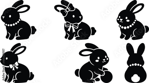 Cute silhouette bunnies with bows pearls and playful poses set of six vector icons including side view back view and sitting holding easter egg minimalist style