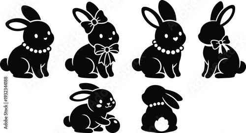 Minimalist black silhouette bunny icons wearing bows and pearl necklaces sitting in various poses front facing profile playing with egg simple vector art set cute collection