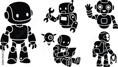 Minimalist vector art front view cute robot character standing with wrench waving sitting with tablet backpack walking with drone companion black silhouette side and rear poses