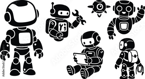 Minimalist vector art robots set showing standing robot waving small repair robot holding wrench seated robot reading tablet backpack robot with cable hovering drone silhouette friendly