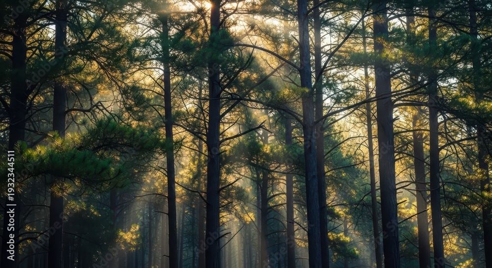 Obraz premium Peaceful morning light filtering through the high pine forest canopy, emphasizing tranquility and fresh, crisp mountain air, remote, rocks, wilderness