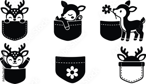 Minimalist vector art close up deer peeking from stitched pocket with antlers floral detail six icon variations black and white nursery decor illustration playful simple set