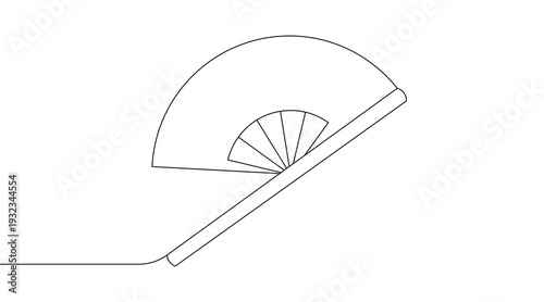 Minimalist continuous one line drawing of traditional folding hand fan for cooling and fashion accessory. Editable stroke outline. Single contour art. Doodle hand drawn vector illustration