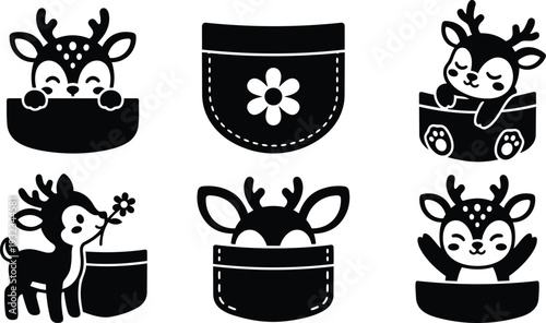 Cute pocket deer vector icons set showing six playful fawn poses peeking and sleeping in pockets with floral pocket detail black silhouette flat design minimal outline