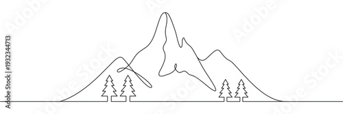 Continuous one line drawing of mountain peaks and pine trees in a minimalist landscape style. Editable stroke outline. Draw thin linear width. Single contour art. Doodle hand drawn vector illustration