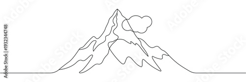 Continuous one line drawing of mountain peaks with a single cloud in minimalist. Editable stroke outline. Draw thin linear width. Single contour art. Doodle hand drawn vector illustration