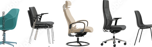 Set of modern office chairs and ergonomic furniture illustrations including swivel desk seats, executive armchairs, and stackable guest chairs on white.