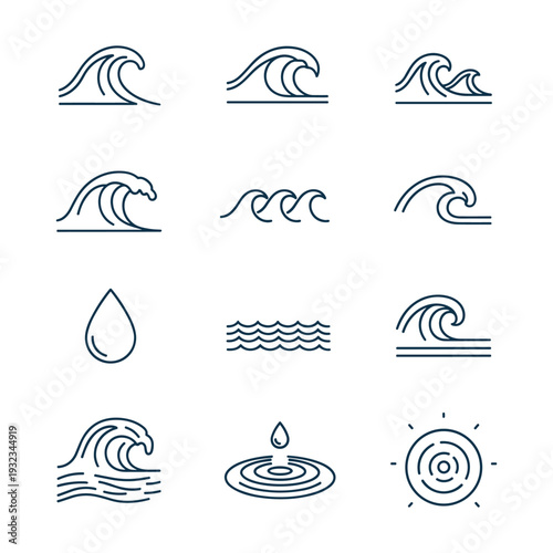 Minimalist ocean wave icons for coastal designs and water themes