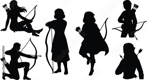 Silhouette vector art close up archers in various poses with bows and arrows sitting kneeling standing quiver detail side view minimalist black on white flat icon