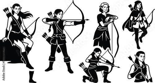 Minimalist black vector elf archers in various poses aiming and drawing bows with quivers cloaks close up and full body silhouettes dramatic flat high contrast studio