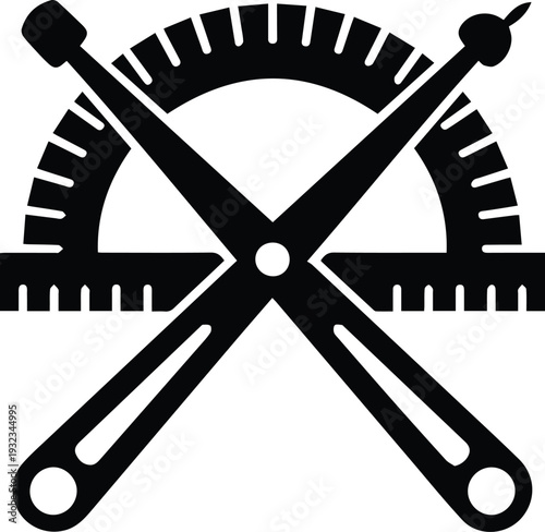 Minimalist black protractor and a set square crossed silhouette vector icon