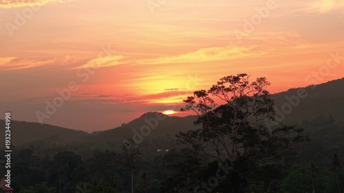 Aerial Drone Forward Flight Over Tropical Jungle Toward Stunning Orange Sunset Behind Mountain Silhouette