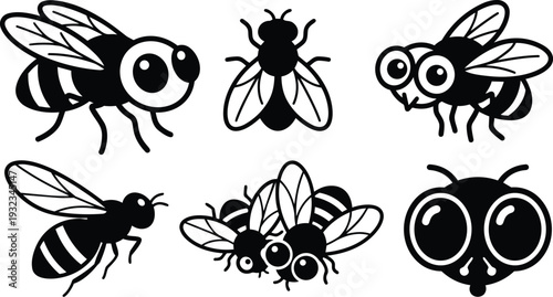 Minimalist vector art six stylized bee icons close up side view and front view clustered group flat black silhouettes playful bold shapes high contrast simple friendly