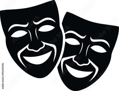 Minimalist black comedy and tragedy drama masks silhouette vector icon