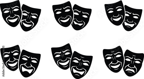 Set of Minimalist black comedy and tragedy drama masks silhouette vector icon