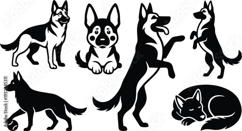 Minimalist icon sheet of german shepherd dog silhouettes in multiple poses standing sitting jumping playing with ball sleeping lying down front face close up monochrome vector
