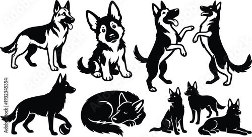 Vector art multiple german shepherd dog poses in playful standing sitting sleeping and jumping silhouettes with frontal profile side angles and expressive cartoon style black white