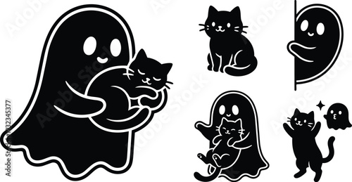Cute ghost character hugging sleeping black cat close up sticker style vector art with smiling eyes playful pose white outline front view isolated monochrome flat bold