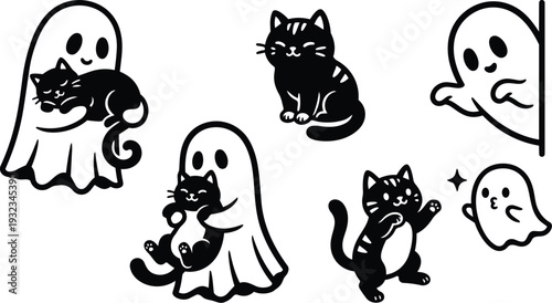 Cute ghost characters holding and playing with black cat stickers in flat vector art various poses close up landscape composition playful kawaii halloween mood minimalist monochrome