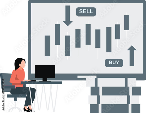 The girl is working about selling and buying stock market.