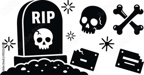 Minimalist vector flat design grave tombstone with rip inscription cracked skull crossed bones scattered tomb papers close up low angle spooky black white illustration isolated mockup
