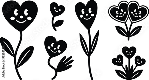 Playful black heart shaped smiling flower icons set in flat vector style close up arrangement with leaves varying sizes simple bold outlines scalable editable valentines day