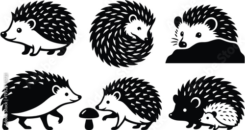 Minimalist vector art side view hedgehog family showing curled walking and peeking poses with mushroom rock and baby on white background playful flat friendly simple mood