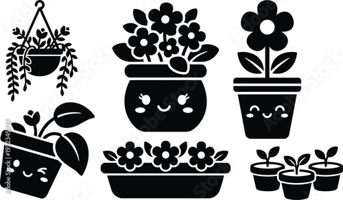 Colorful vector art cute potted plants with smiling faces close up top view variety of flower pots hanging planter seedling trio playful kawaii style flat illustration
