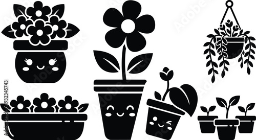 Vector art kawaii potted plants with smiling faces front view close up single flower tall pot tilted pot hanging planter and seedling trio in flat design