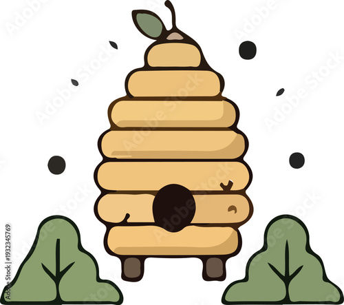 A colorful illustration depicting a beehive with nearby green foliage