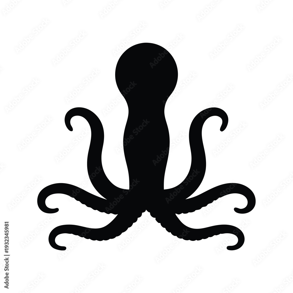 Obraz premium Black silhouette of a cephalopod ocean creature with curling tentacles, simple vector