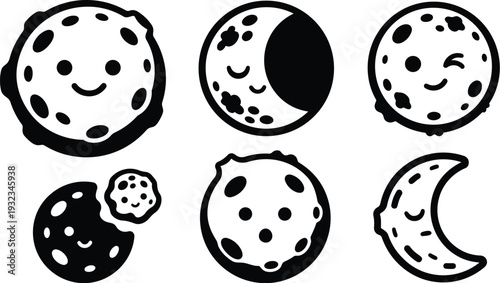Minimalist monochrome vector art close up smiling moon cookie faces in various crescent and full shapes arranged in icon set with playful wink and crater details