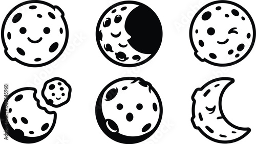 Cute minimalist vector moon icons set six smiling and winking crater faces crescent and full moon cookie bite close up line art black stroke outline playful