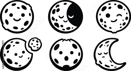 Minimalist black and white vector moon icons set six smiling sleeping winking cratered moons close up flat design playful line art scalable svg png mockup friendly