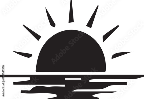 A minimalist black and white illustration of a sun rising over a wavy horizon.