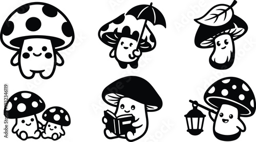 Cute kawaii mushroom characters in six playful poses holding umbrella book lantern and leaf vector icons black and white flat design close up front facing smiling