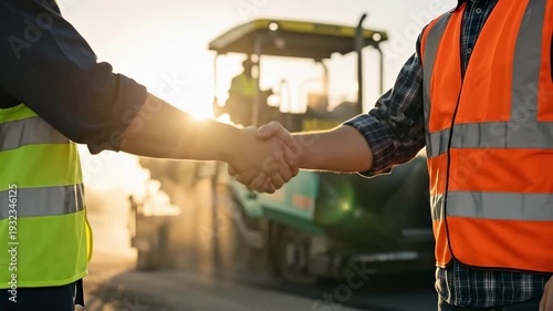 Male civil engineers shaking hands at a road paving construction site during sunset