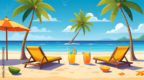 Beach loungers and drinks on a sandy beach, vibrant colors and cartoon style. Relaxing scene with multiple beach loungers, drinks and coconuts on a sandy beach.